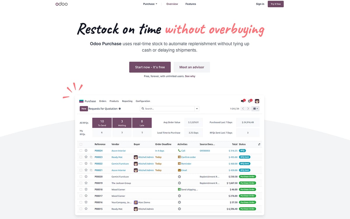 Odoo Purchase app page, September 2026