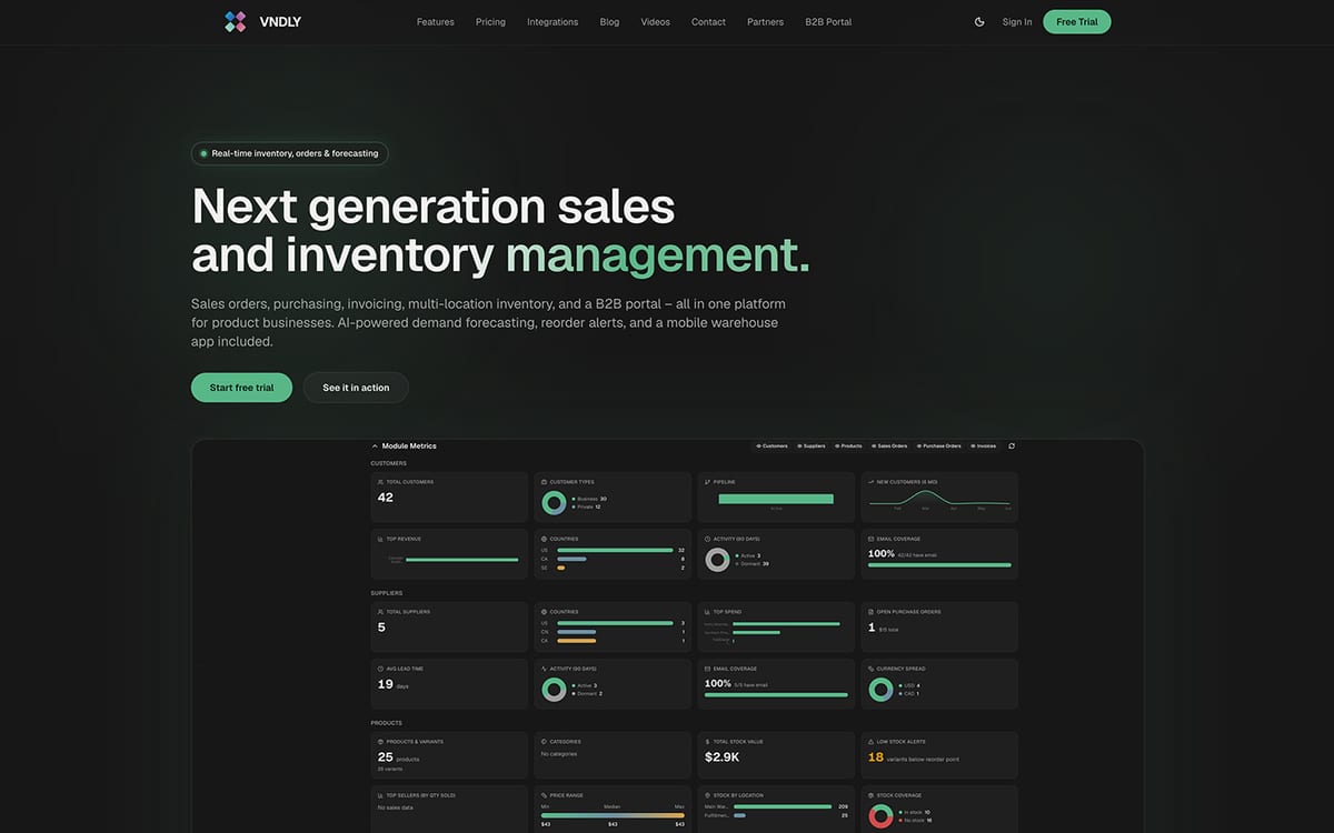VNDLY website: sales orders, purchasing, invoicing and multi-location inventory in one platform